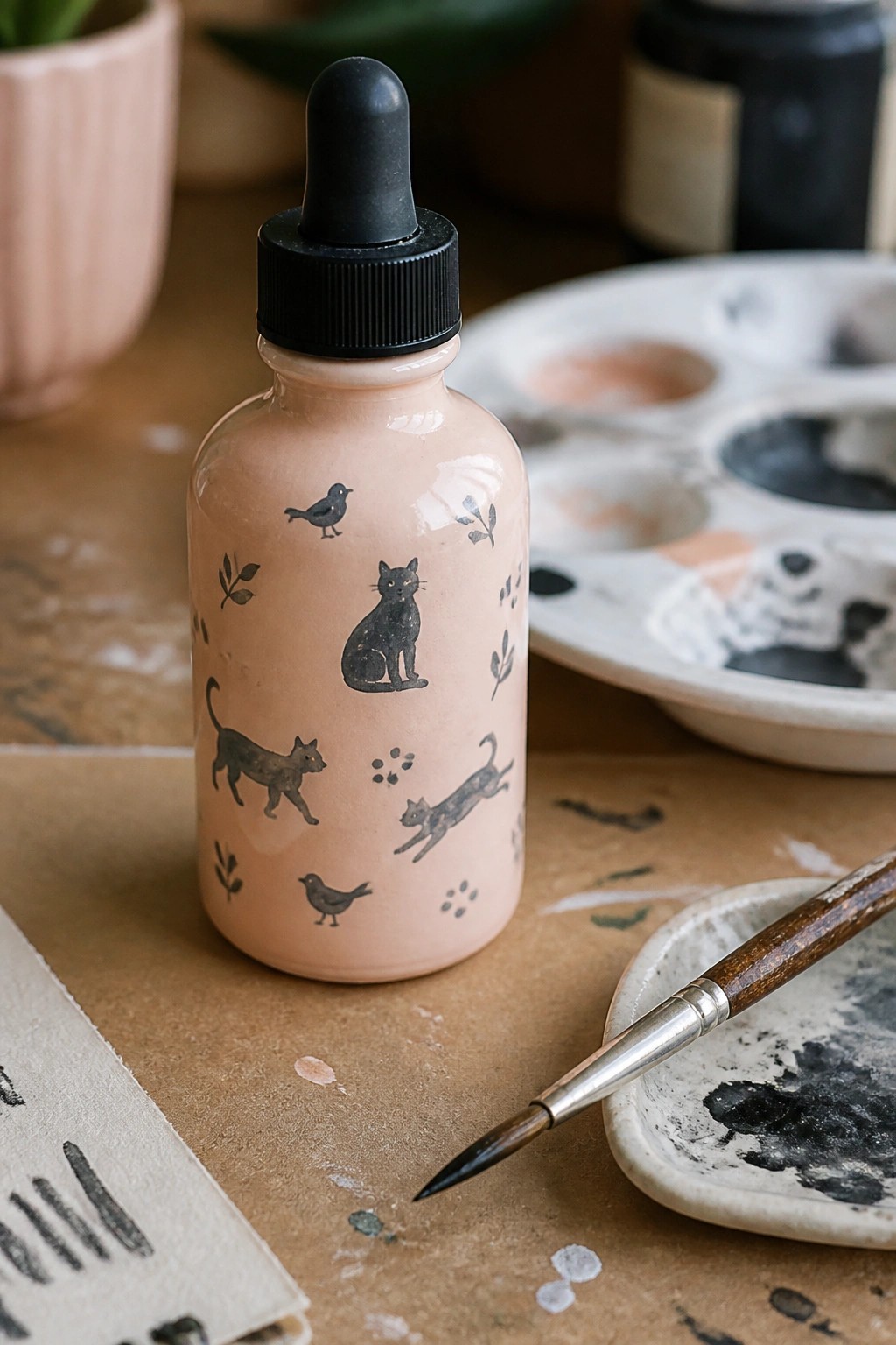 Pink dropper bottle with cat illustrations beside paint palette and brush on wooden table