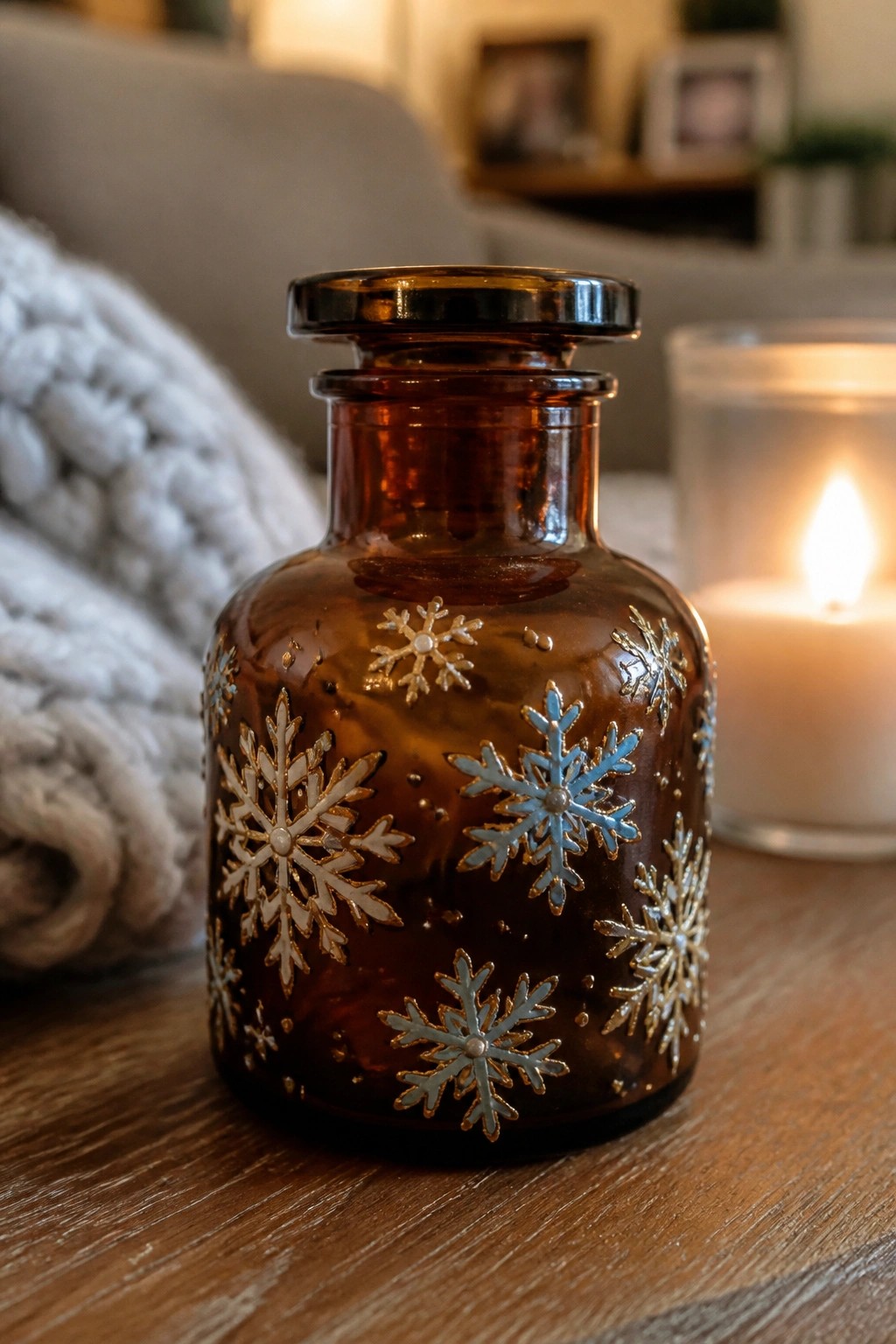 Brown glass bottle with snowflake designs beside lit candle on wooden table