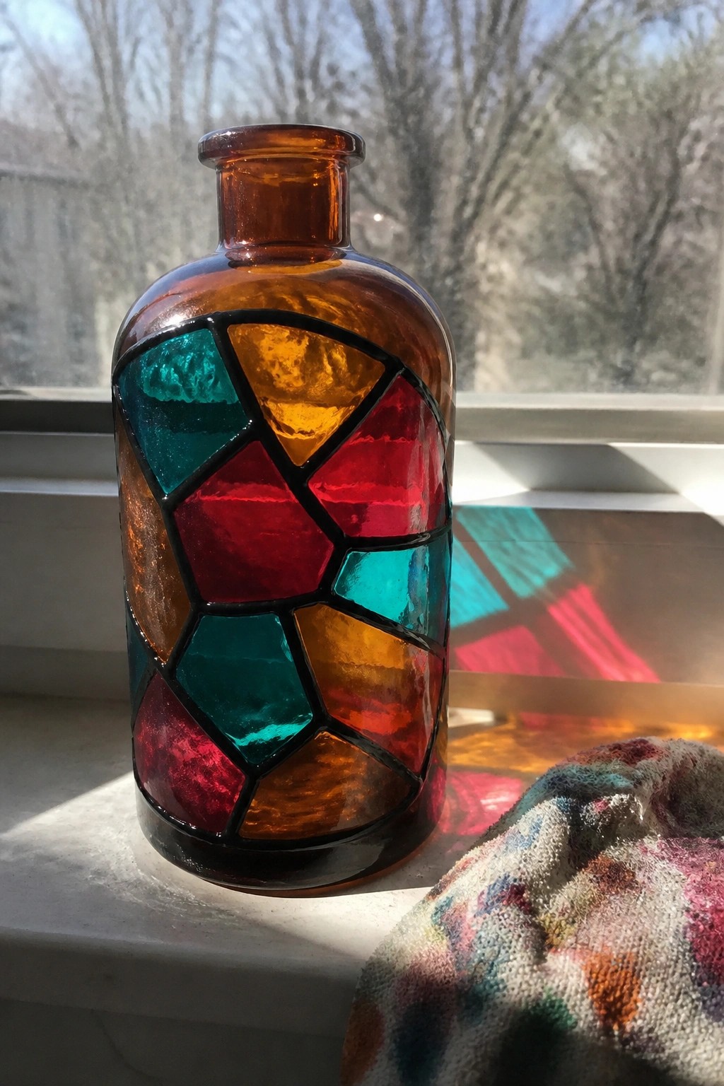 Stained glass bottle on sunny windowsill casting colorful shadows beside patterned cloth