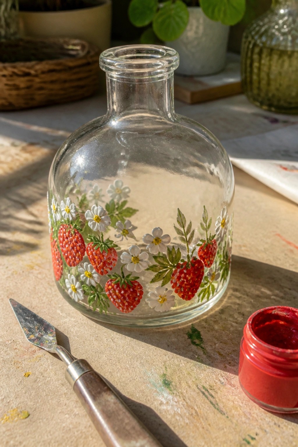 Glass bottle painted with strawberries and daisies beside red paint and palette knife