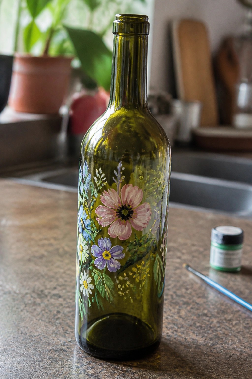 Green glass bottle hand-painted with pink blue purple wildflowers on kitchen counter