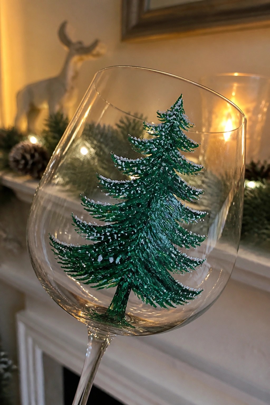 Wine glass painted with a green Christmas tree dusted in white snow