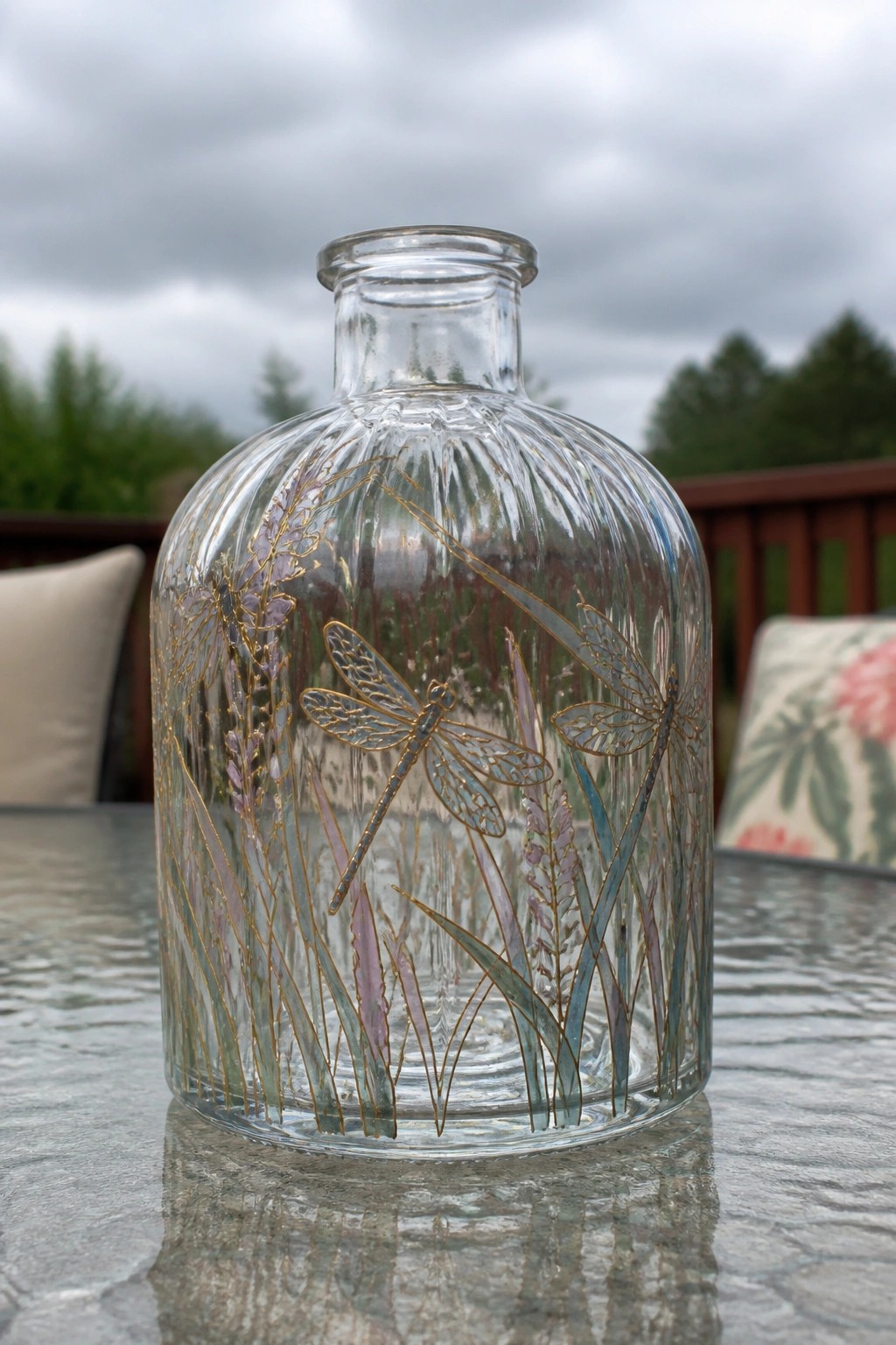 Ornate glass bottle with gold dragonflies and lavender plants on marble table