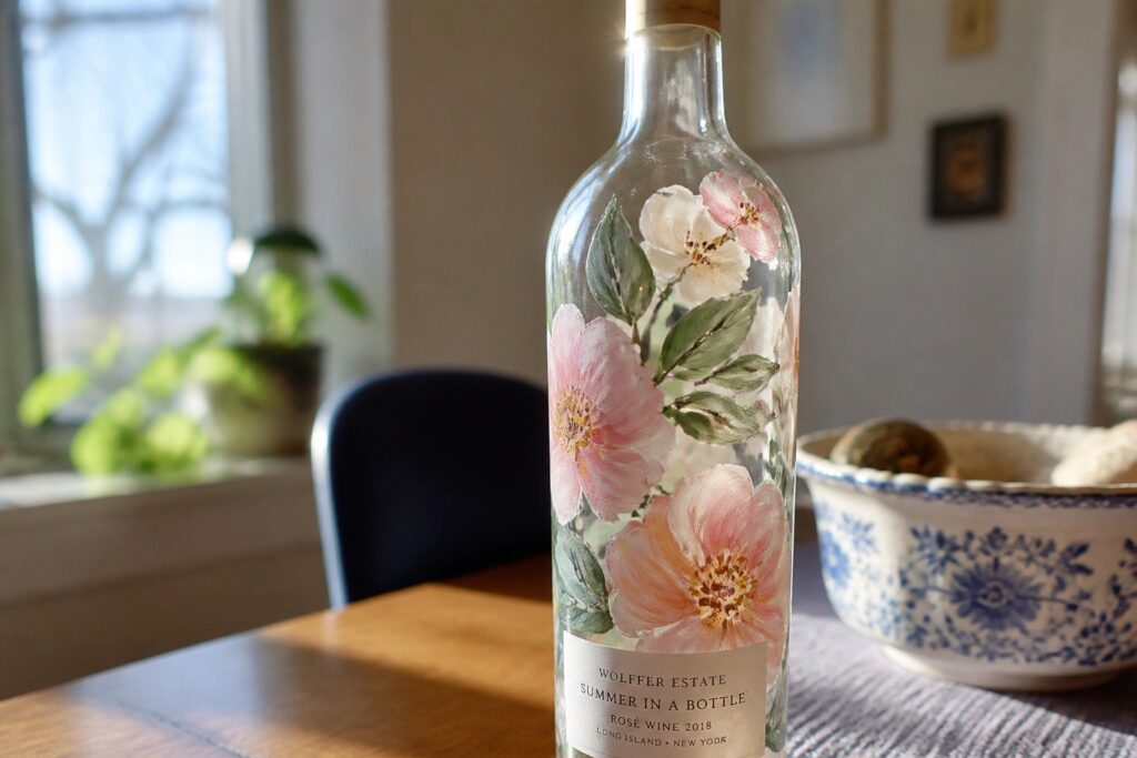 22 Elegant Glass Bottle Painting Ideas Built Around Nature-Inspired Artwork Clear glass bottle hand-painted with pink peonies and green leaves on wooden table.