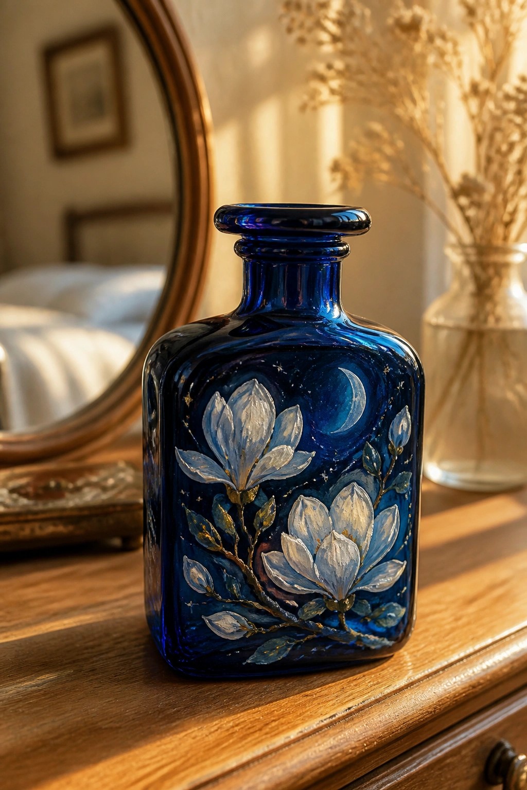 Blue glass bottle painted with white magnolias, moon, and stars on wooden table