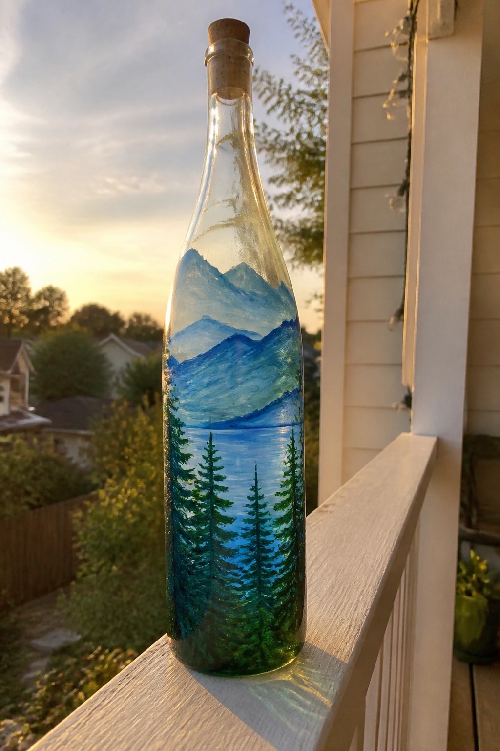 Hand-painted glass bottle with blue mountains, lake, and pine trees on railing