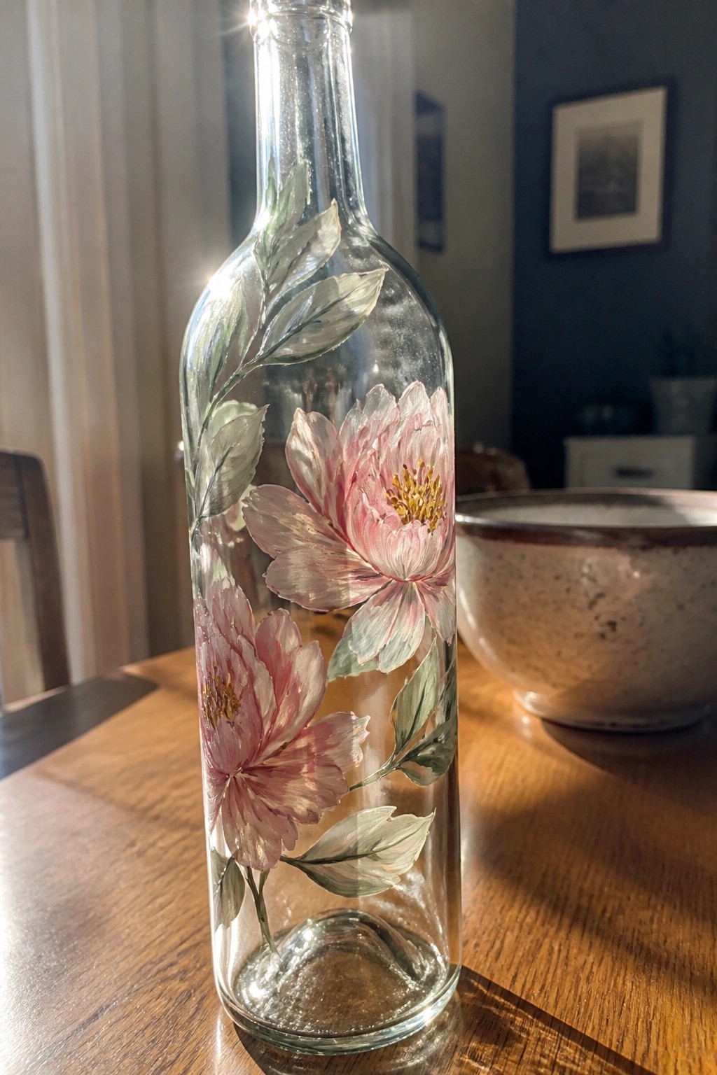 Clear glass bottle hand-painted with pink peonies and green leaves on wooden table.