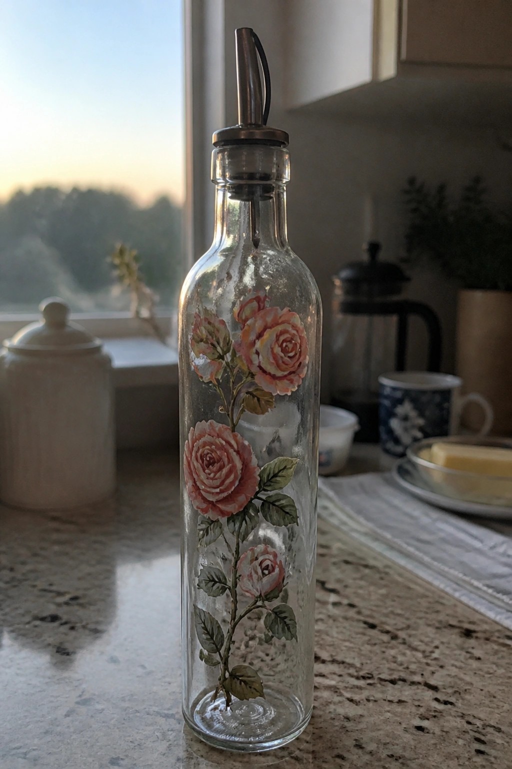 Glass bottle with pink roses and metal pour spout on kitchen counter