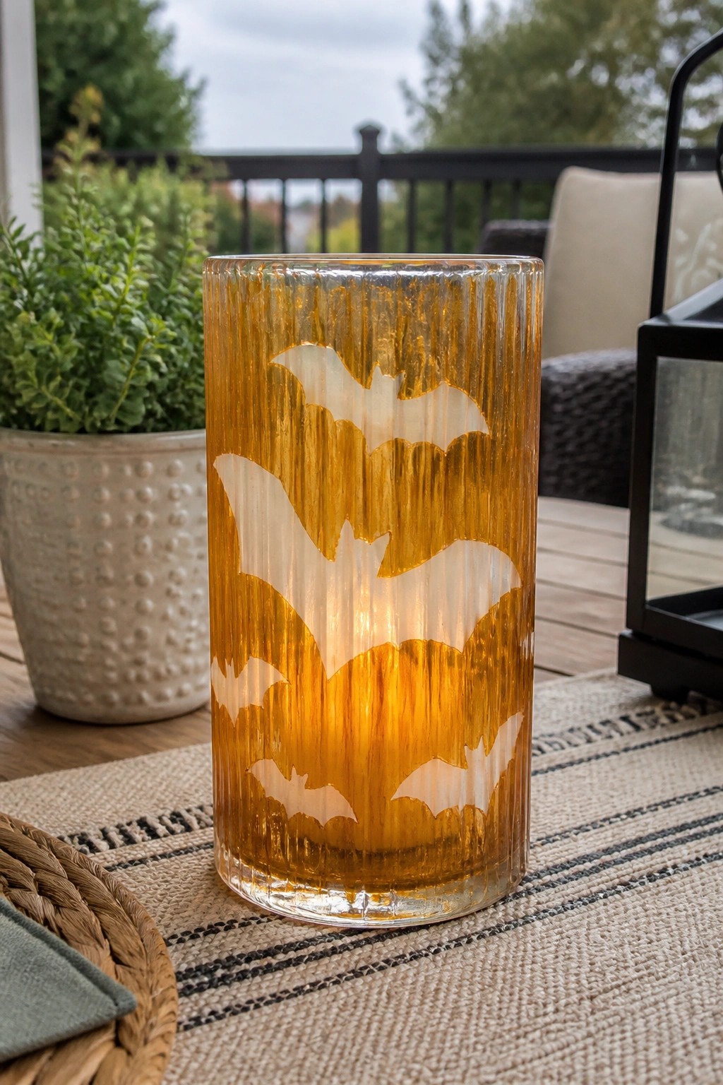 Illuminated amber ribbed glass holder with bat cutouts on outdoor woven mat