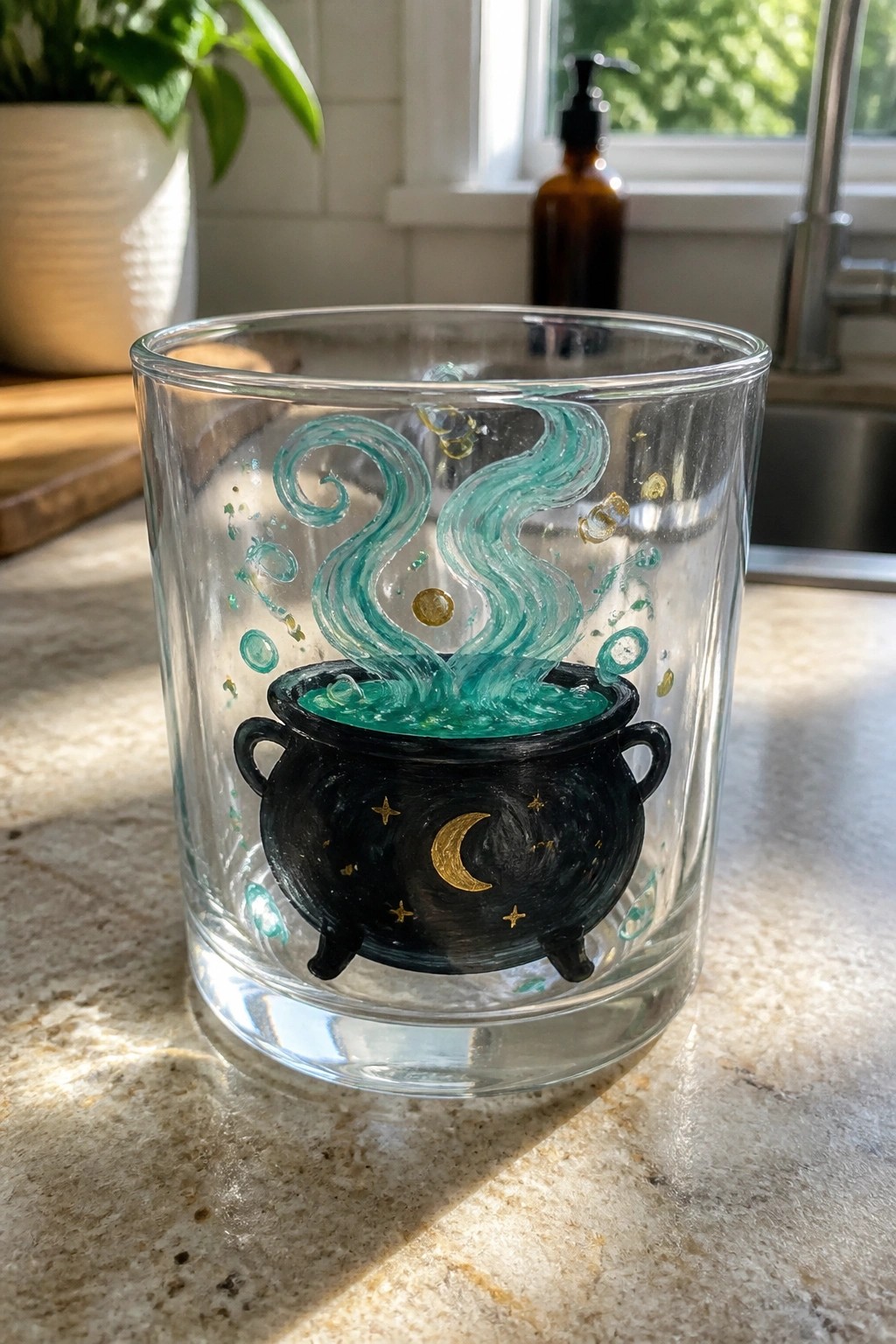 Clear glass tumbler painted with black cauldron, gold moon and stars, teal swirls.