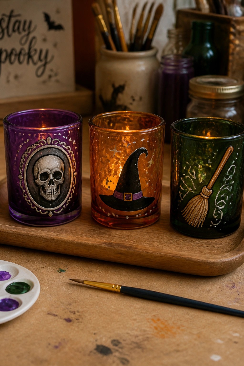 Three lit Halloween candles in purple skull, orange witch hat, green broom holders on tray
