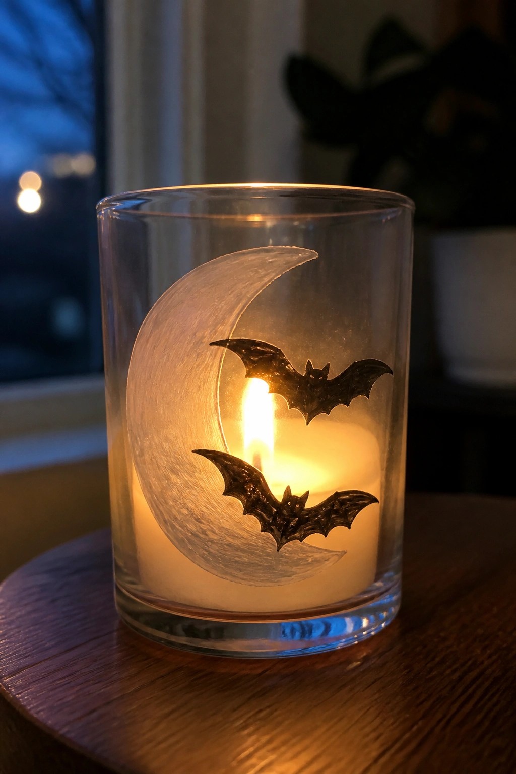 Lit candle in glass holder with crescent moon and two black bats on wood.
