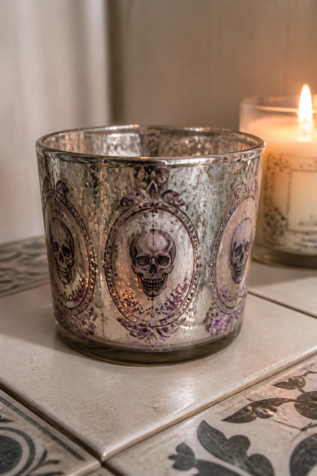 Ornate distressed glass holder with purple skull medallions on patterned tiles near lit candle