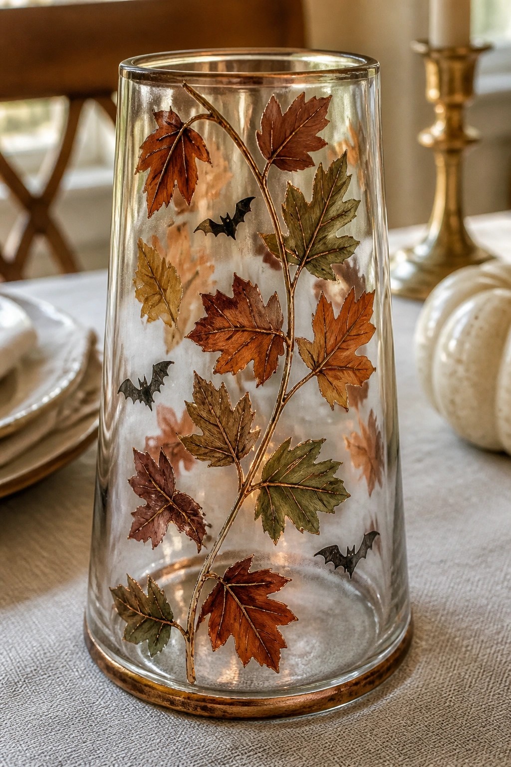 Clear glass vase with autumn leaves and black bats on table