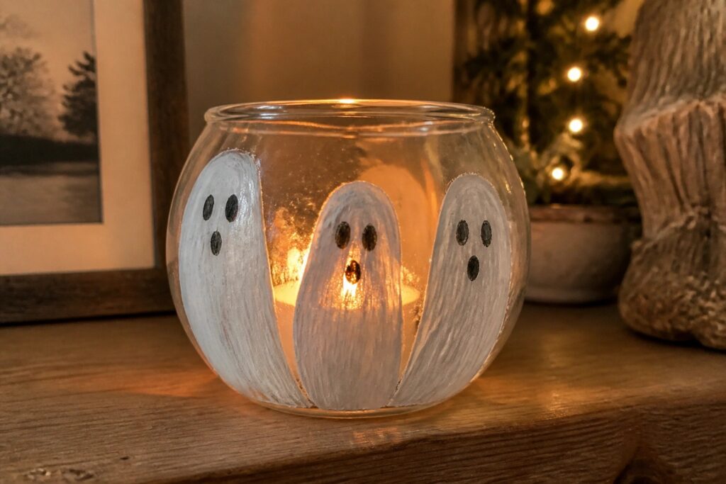 22 Elegant Halloween Glass Candle Holder Painting Ideas Using Spooky Designs Illuminated glass bowl with three painted white ghosts on wooden table