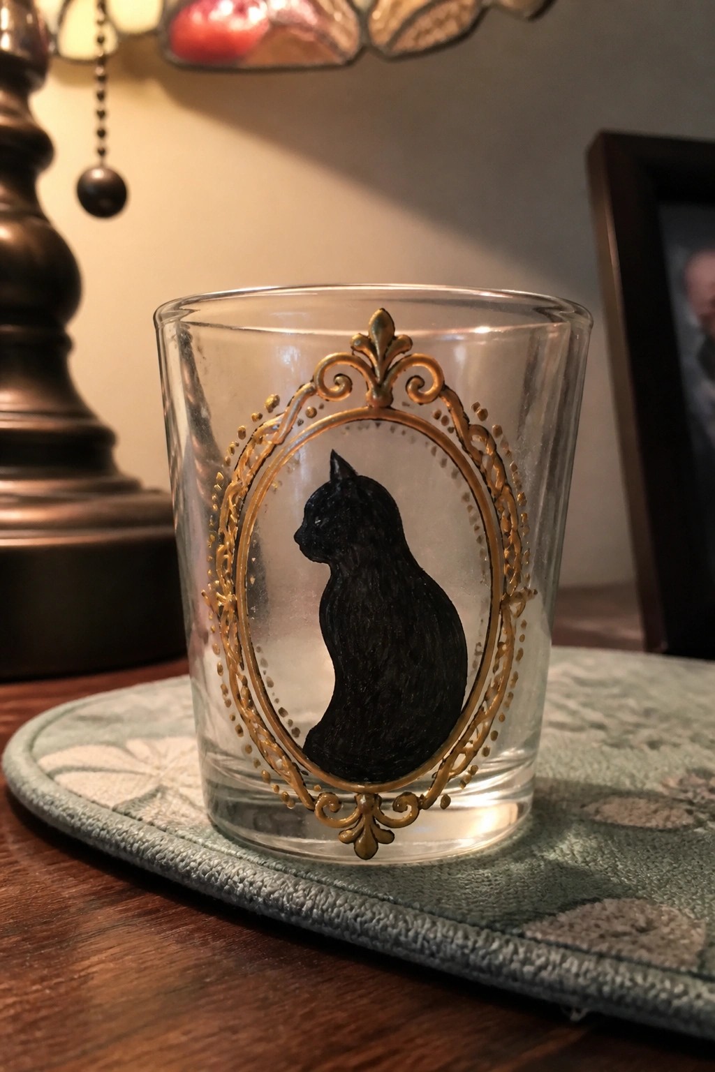 Clear glass with black cat silhouette in ornate gold frame on blue coaster