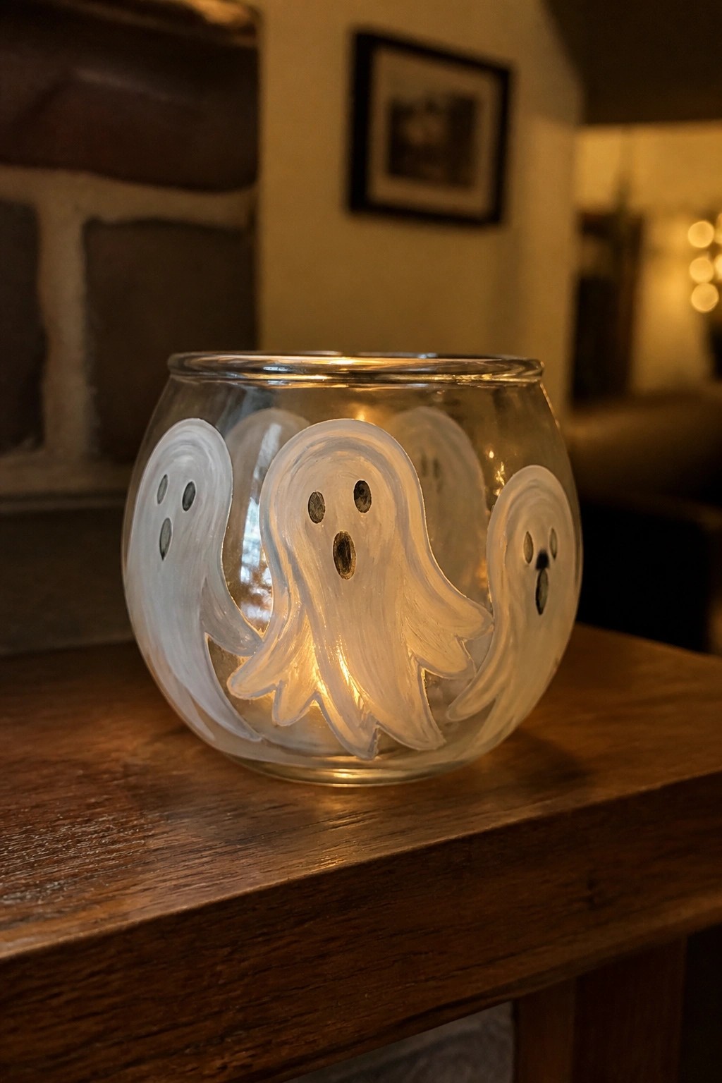 Illuminated glass bowl with three painted white ghosts on wooden table