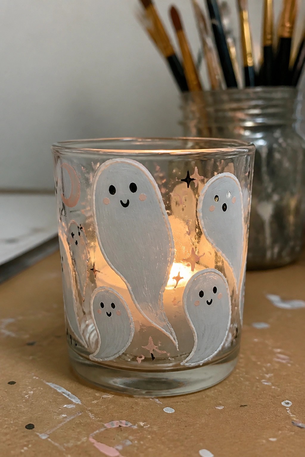 Illuminated glass votive painted with cute white ghosts and stars on wooden table.
