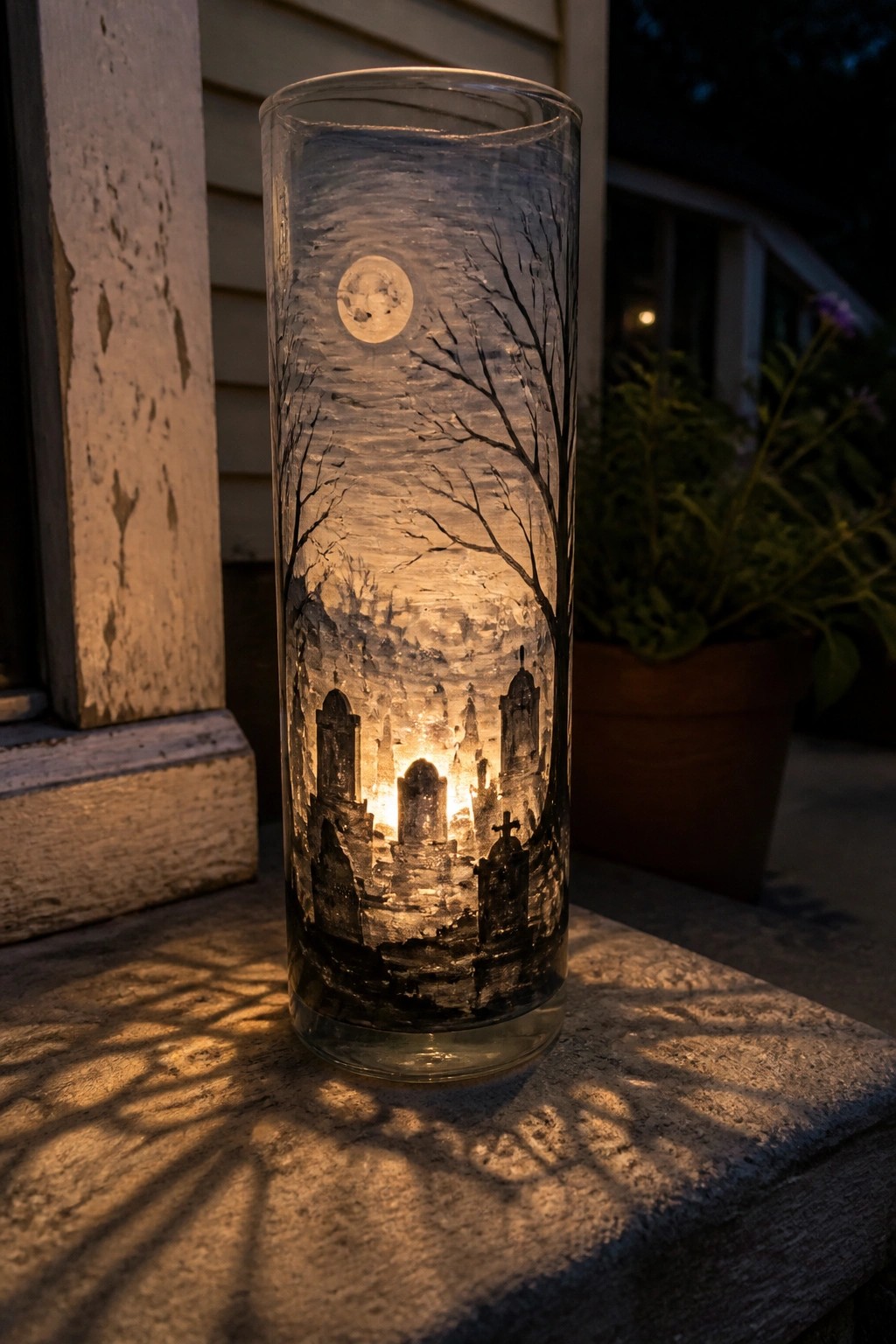 Illuminated glass cylinder etched with moonlit graveyard scene on concrete step