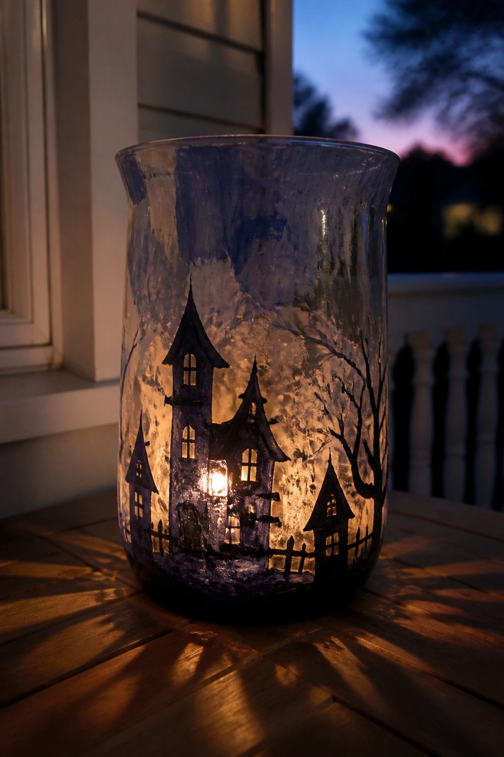Glowing glass jar painted with haunted houses, graveyard, and trees at dusk
