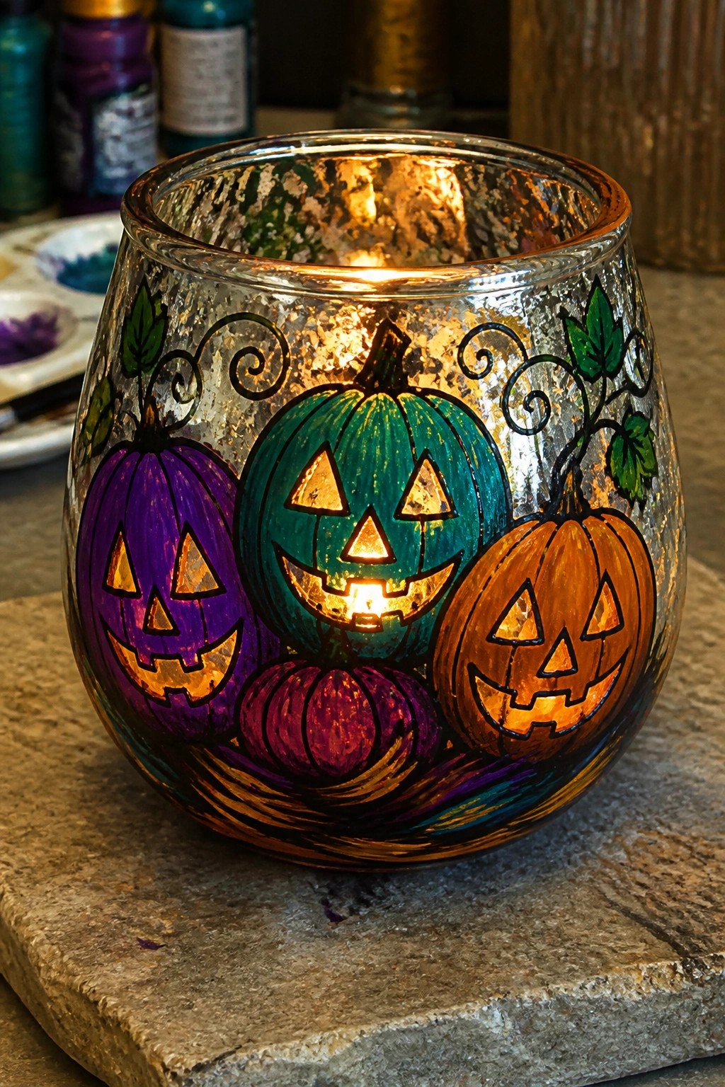 Lit glass votive painted with purple, teal, and orange jack-o'-lanterns and vines