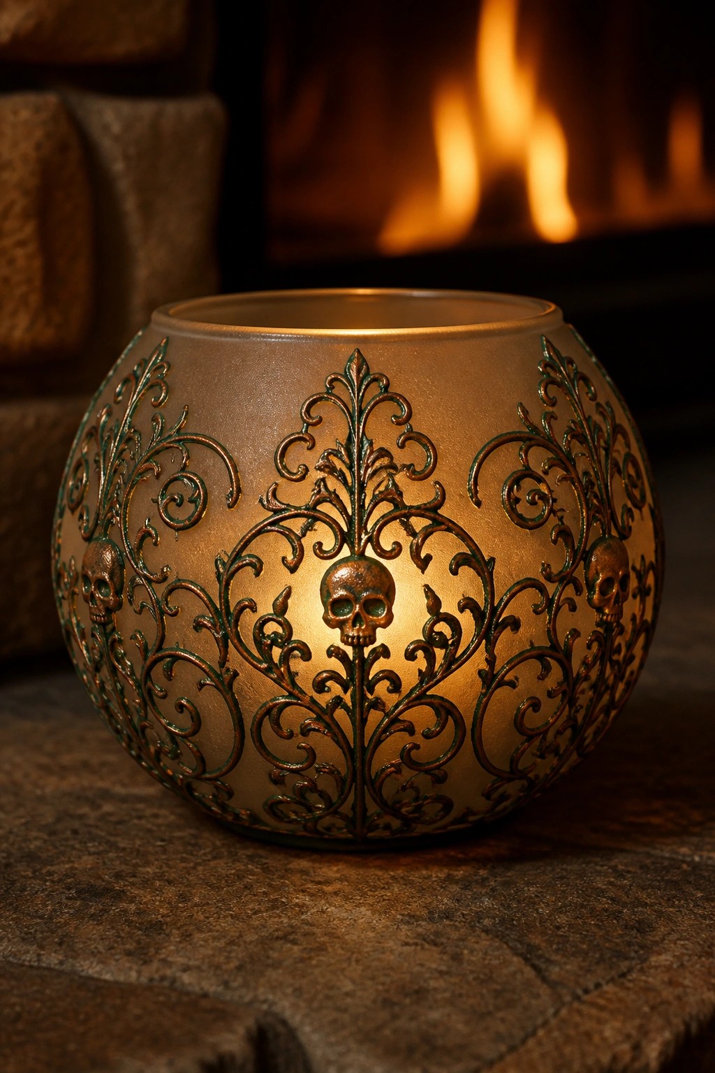 Glowing frosted orb with ornate filigree and skulls on stone hearth