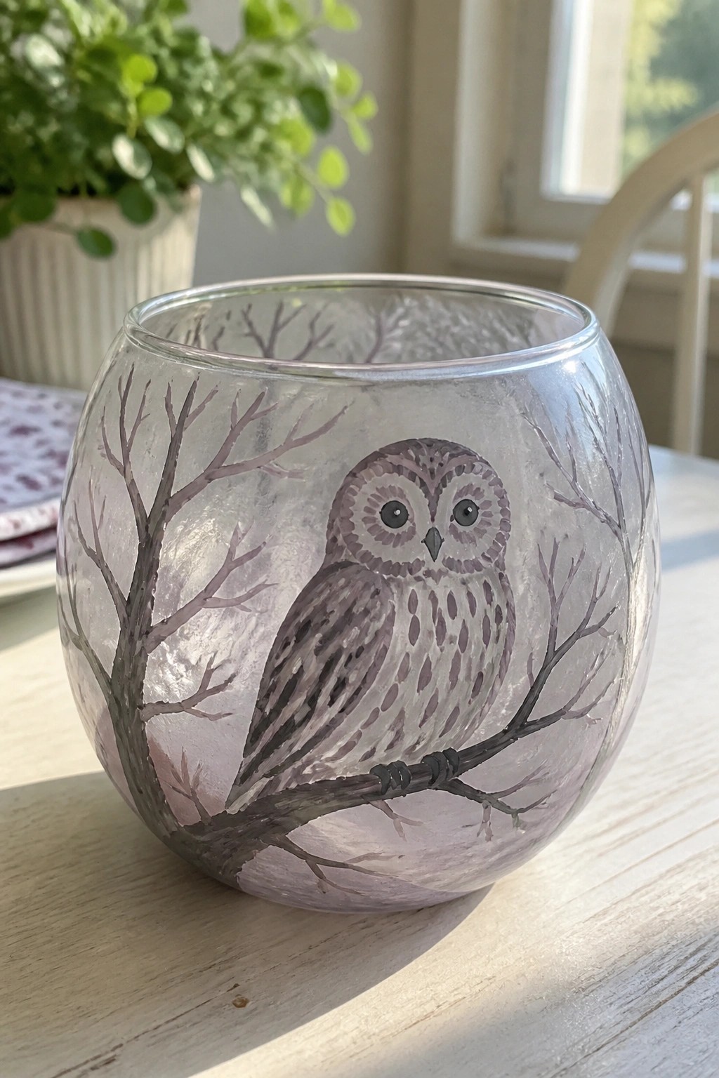 Painted glass bowl with purple owl perched on bare tree branch.