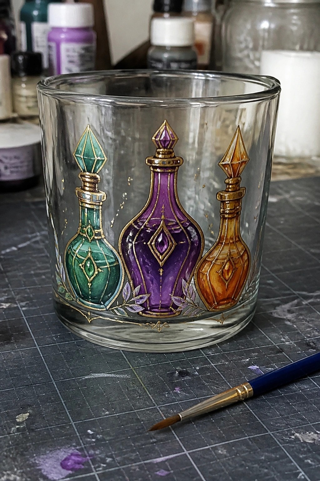 Glass cup painted with green, purple, and orange potion bottles in gold outlines
