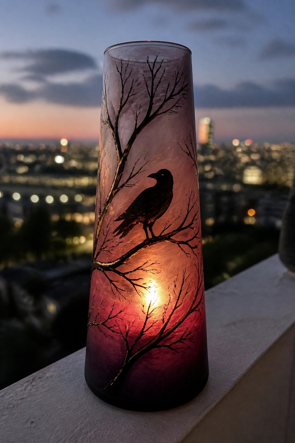 Illuminated glass vase with black bird on golden branches over dusk cityscape