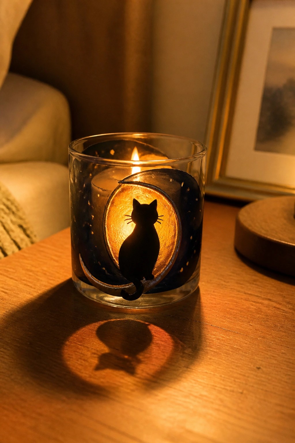 Illuminated glass candle holder with black cat silhouette on crescent moon casting shadow