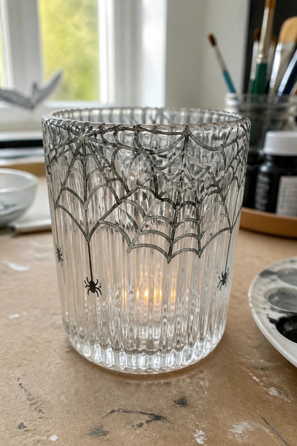 Lit glass votive with black spiderweb and spider designs on wooden table