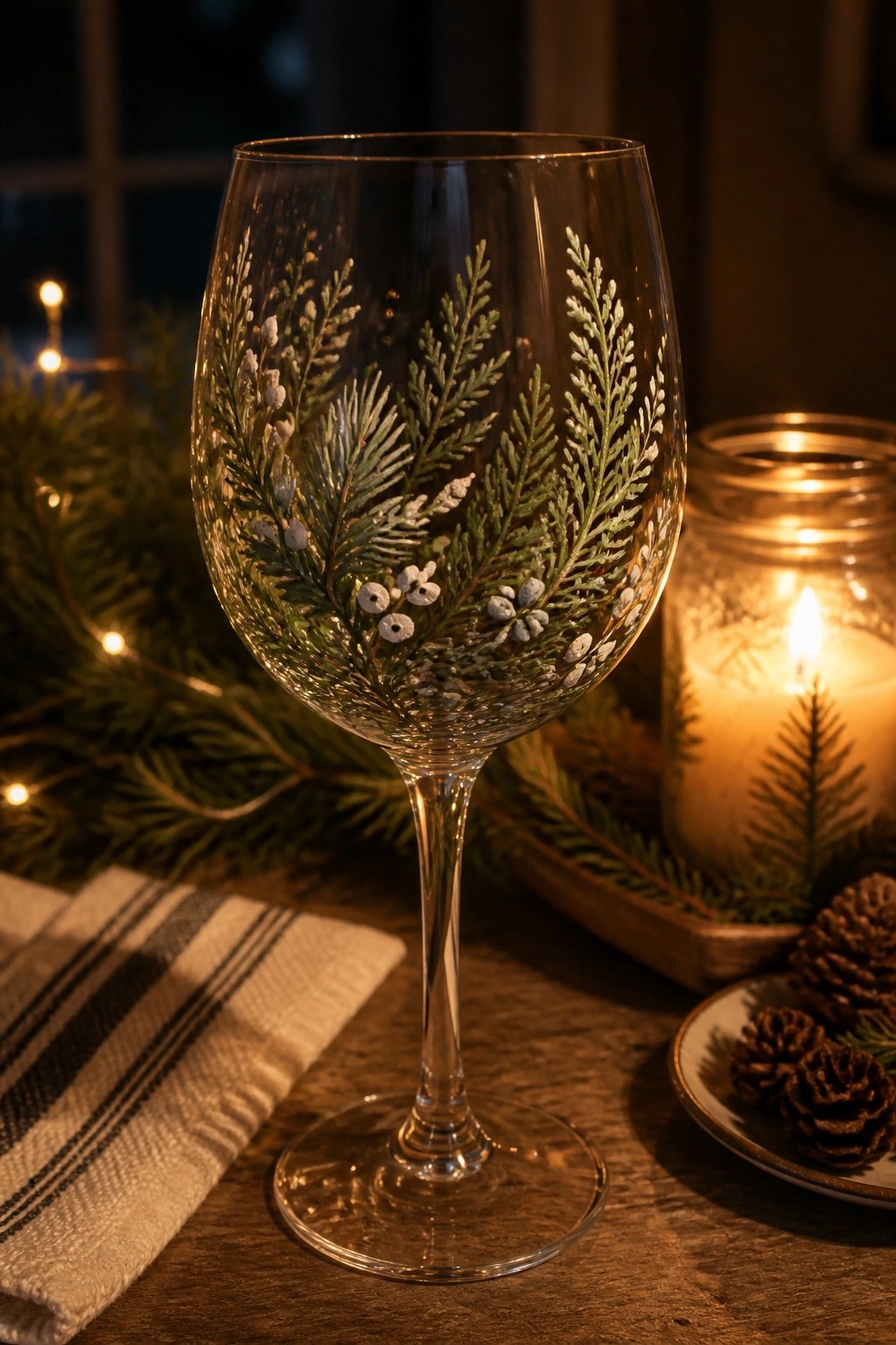 Wine glass etched with green pine branches and white berries beside lit candle and pinecones.