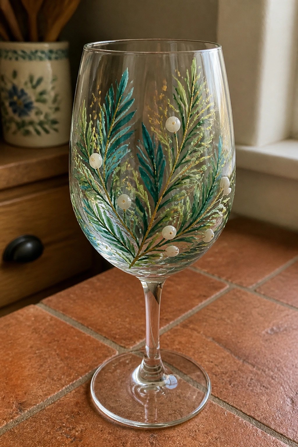 Wine glass painted with green foliage, gold glitter, and white pearl beads.