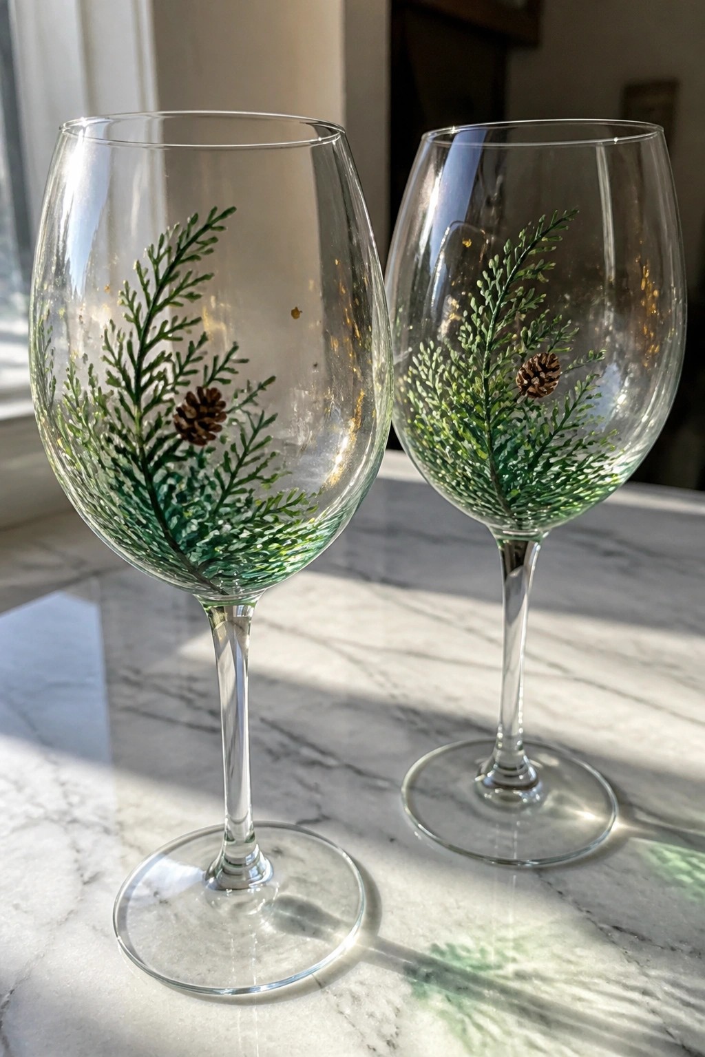 Two hand-painted wine glasses with green evergreens and pine cones on marble