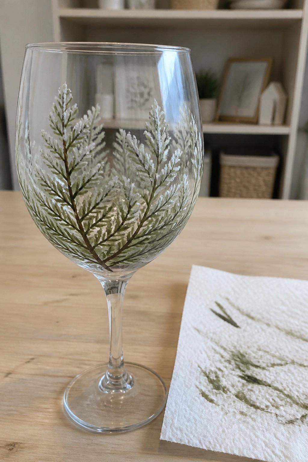 Wine glass with green leafy branch painting on wooden table beside painted paper towel