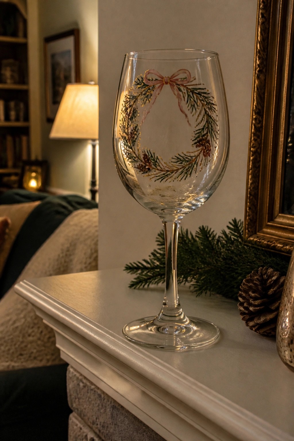 Wine glass with Christmas wreath on white mantel beside pine branch and cone