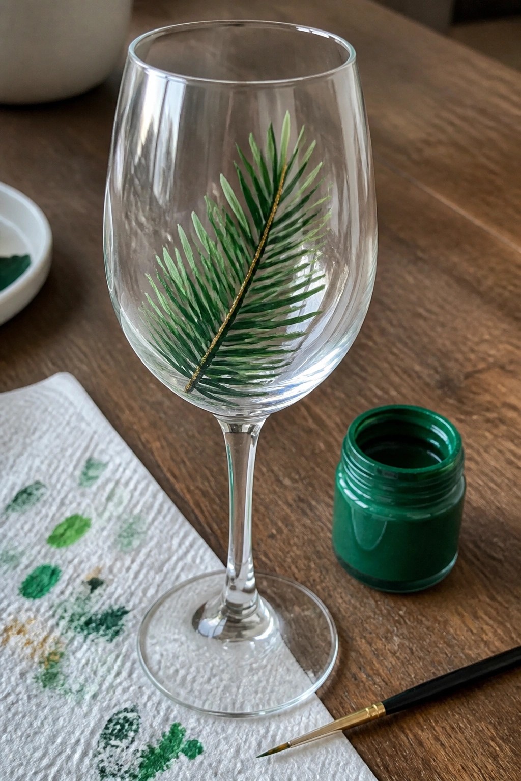 Wine glass with green pine branch painting beside open paint jar and brush on wood.