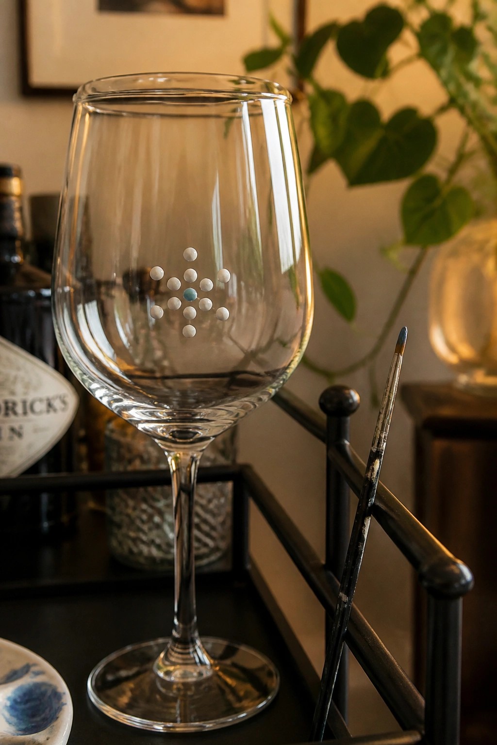 Transparent wine glass with white and turquoise dot pattern beside paintbrush