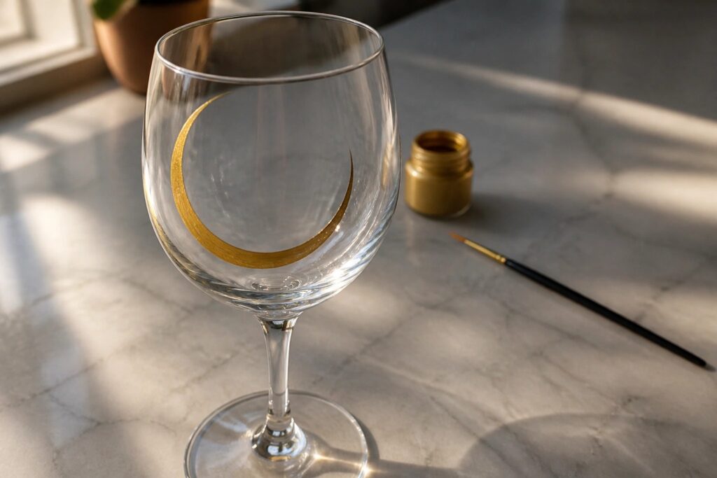 A clear wine glass with a gold crescent moon painted on the bowl sits on a white marble surface next to a small jar of gold paint and a thin brush.