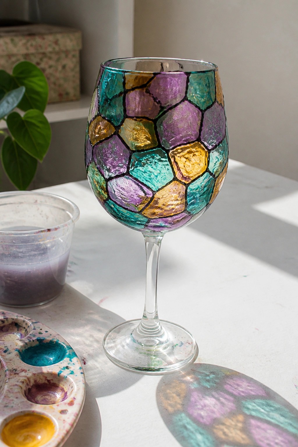 Colorful mosaic wine glass on white table beside paint palette and supplies