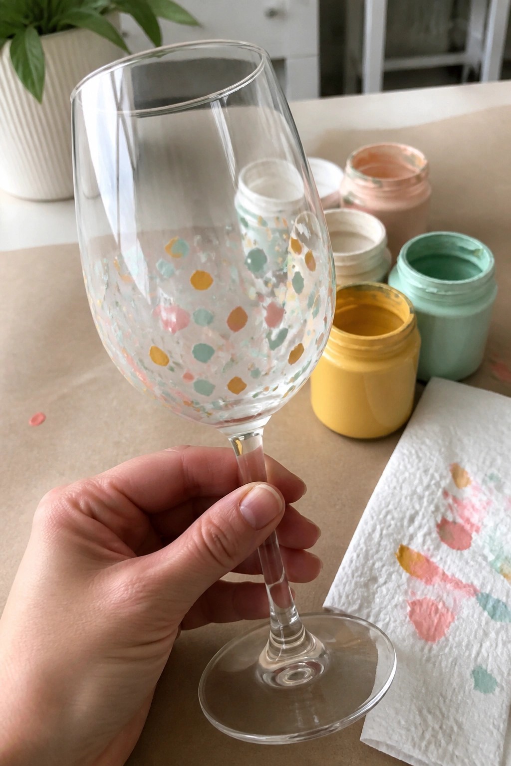 Hand holding wine glass with colorful pastel paint dots near open jars