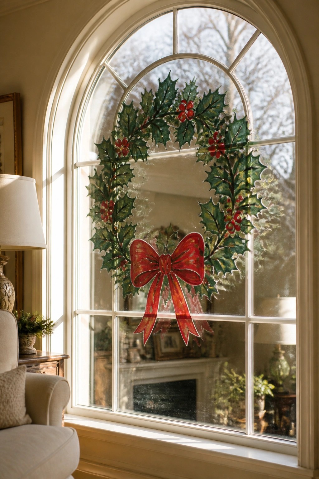 Holly wreath with red bow on sunlit arched window glass