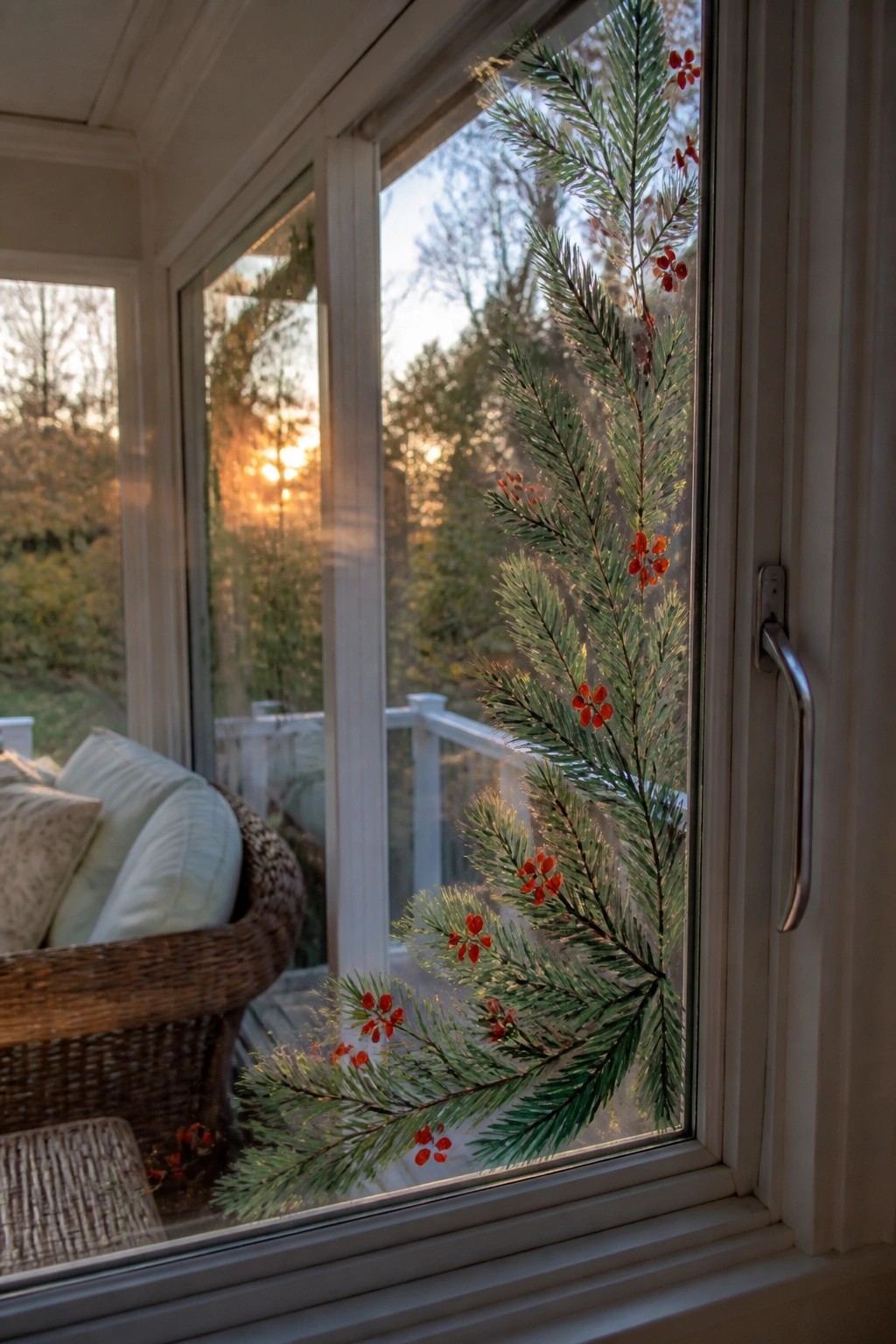 Window with painted pine branches and red berries overlooking wicker chair at sunset
