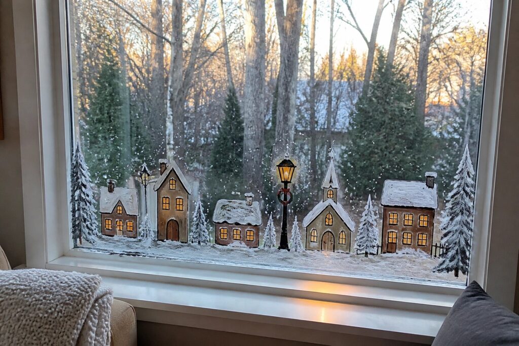 22 Festive Christmas Window Glass Paintings Designed for Cozy Holiday Rooms A large window with a hand-painted snowy village scene of houses, trees, and a clock tower on the glass, viewed from inside a room.