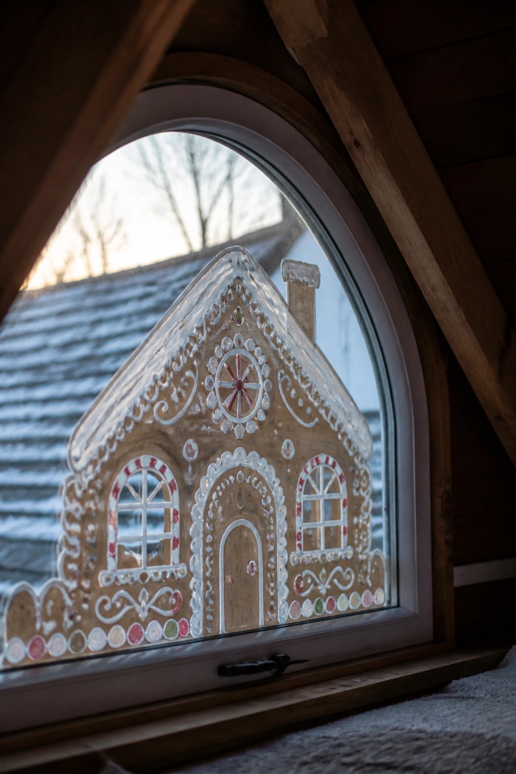Gingerbread house with white icing on circular window overlooking snowy roof
