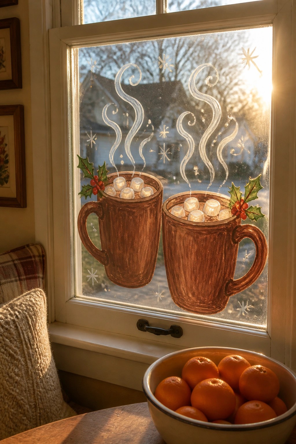 Two steaming cocoa mugs with marshmallows painted on sunlit window above oranges.