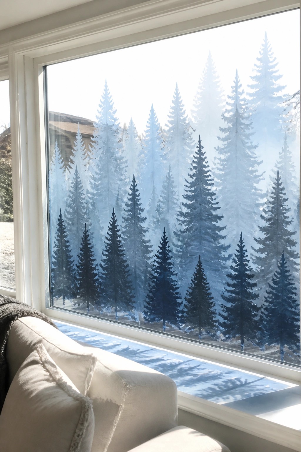 White couch below window etched with misty blue pine forest scene