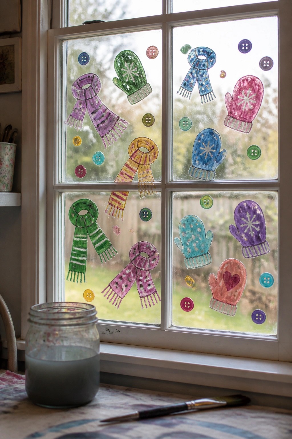 Hand-painted colorful scarves and mittens decorate window with scattered buttons and paint supplies.