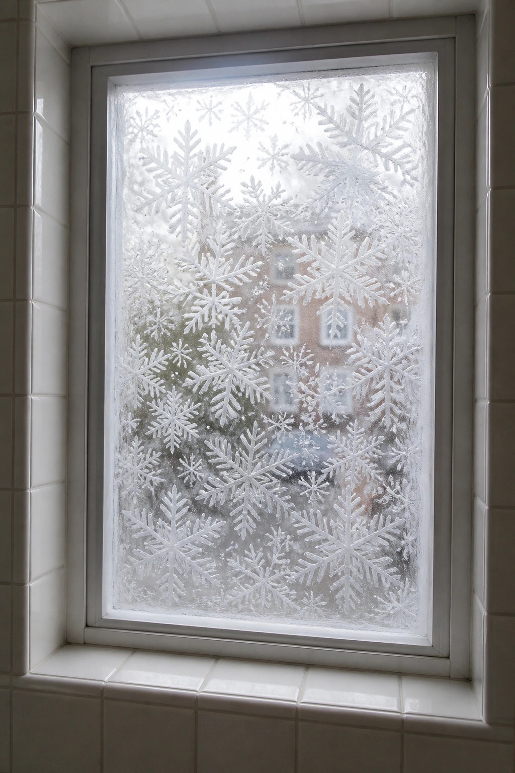 Window with white snowflake frost patterns framed by tiled walls and sill