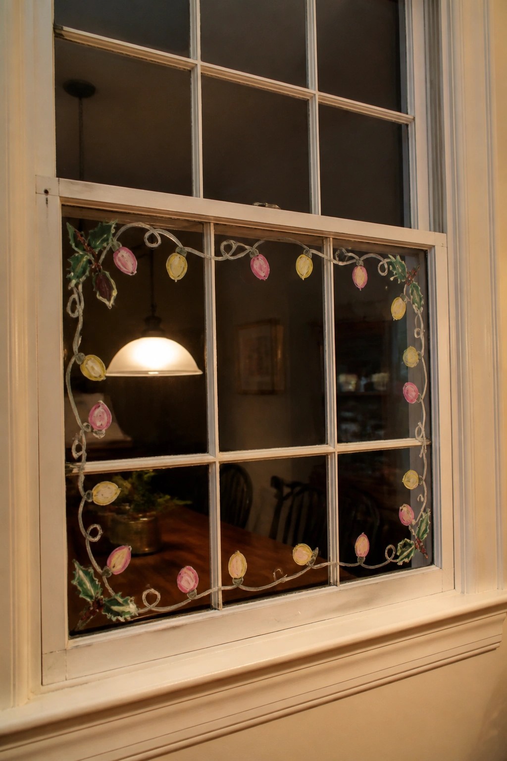 White window with painted pink-yellow ornaments and holly garlands on glass panes.